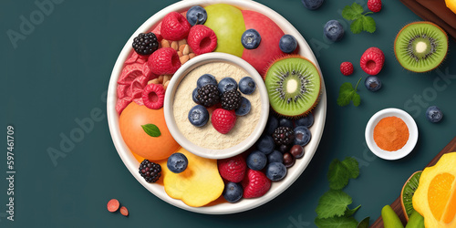 Healthy Breakfast Spread: Delicious Plate Of Fruit With Oatmeal, Side Bowl Of Fresh Fruit, And Powder Bowl With Spoons - Stock Photo Keto Diet, Healthy Food, No Carbs Generative AI