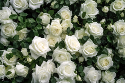 White roses arrangement on a green facade  created with Generative AI technology