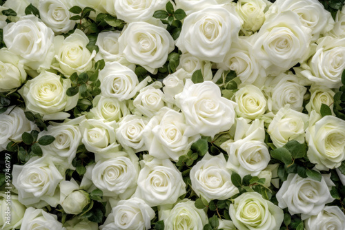 White roses arrangement on a green facade  created with Generative AI technology