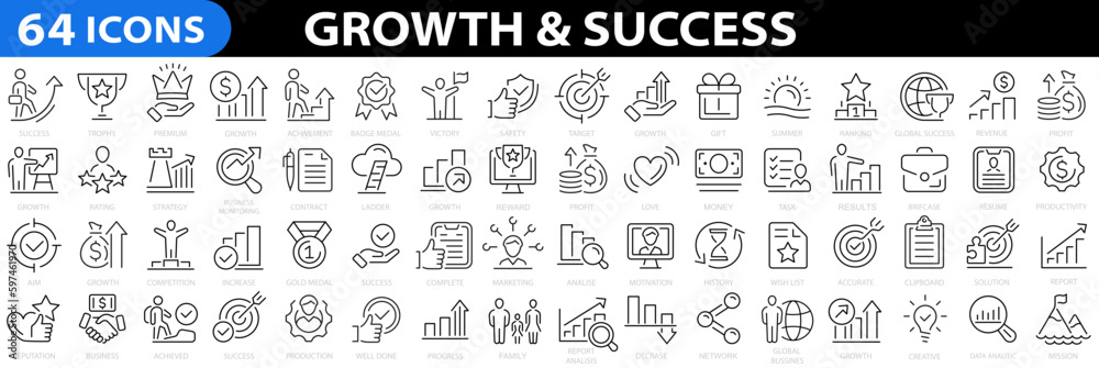 Growth & Success 64 icon set. Successful business development, plan and process symbol. Goals and Target Related. Vector illustration. - obrazy, fototapety, plakaty 