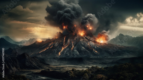 Volcano dark fantasy mountain landscape with fire in hills. AI generated.