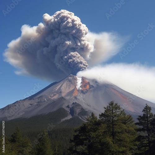 A volcano with a snow-capped peak is erupting.