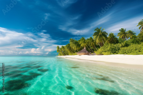 Beautiful beach with white sand and palm trees on tropical island. AI generated