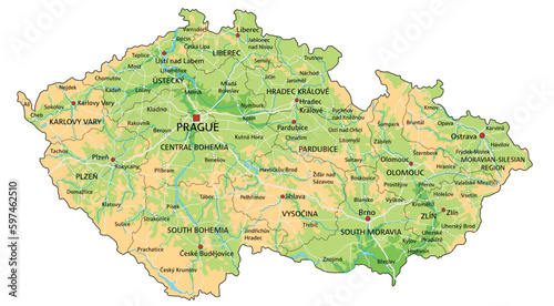 High detailed Czech Republic physical map with labeling.