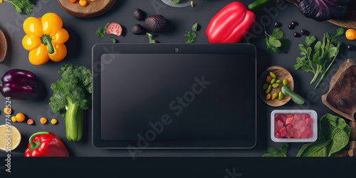 Fresh And Healthy: Tablet Computer Displaying Vibrant Fruits And Vegetables On Black Background With Space For Customized Text Or Image Keto Diet, Healthy Food, No Carbs Generative AI