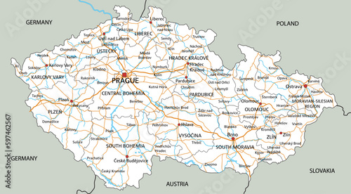 High detailed Czech Republic road map with labeling.