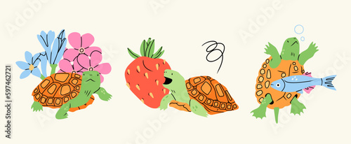 Set of cute little Turtles. Cartoon style characters. Hand drawn Vector illustration. Isolated design elements. Protect and save sea creatures, tortoise, animal world day concept