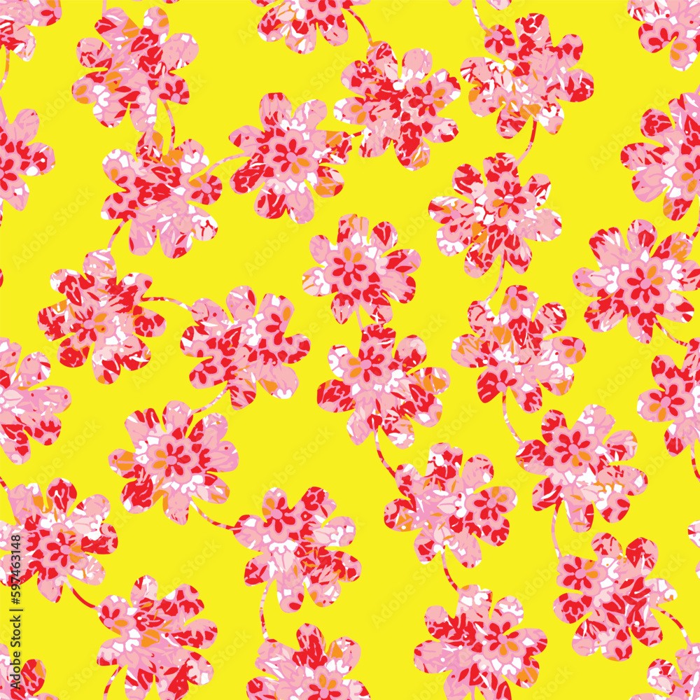A pink floral pattern on a yellow background