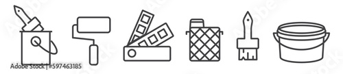Paint brush, decorating, paint roller and paintwork tools vector thin line icon collection on white background - icons collection of renovation 