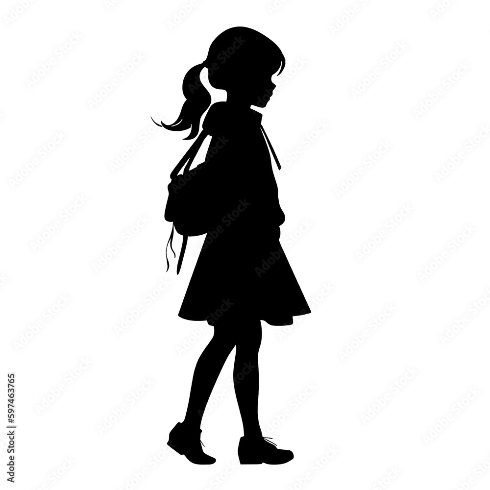 silhouette people of a slim casual girl go to school. full length profile young woman standing, black color isolated on transparent png background Generative ai
