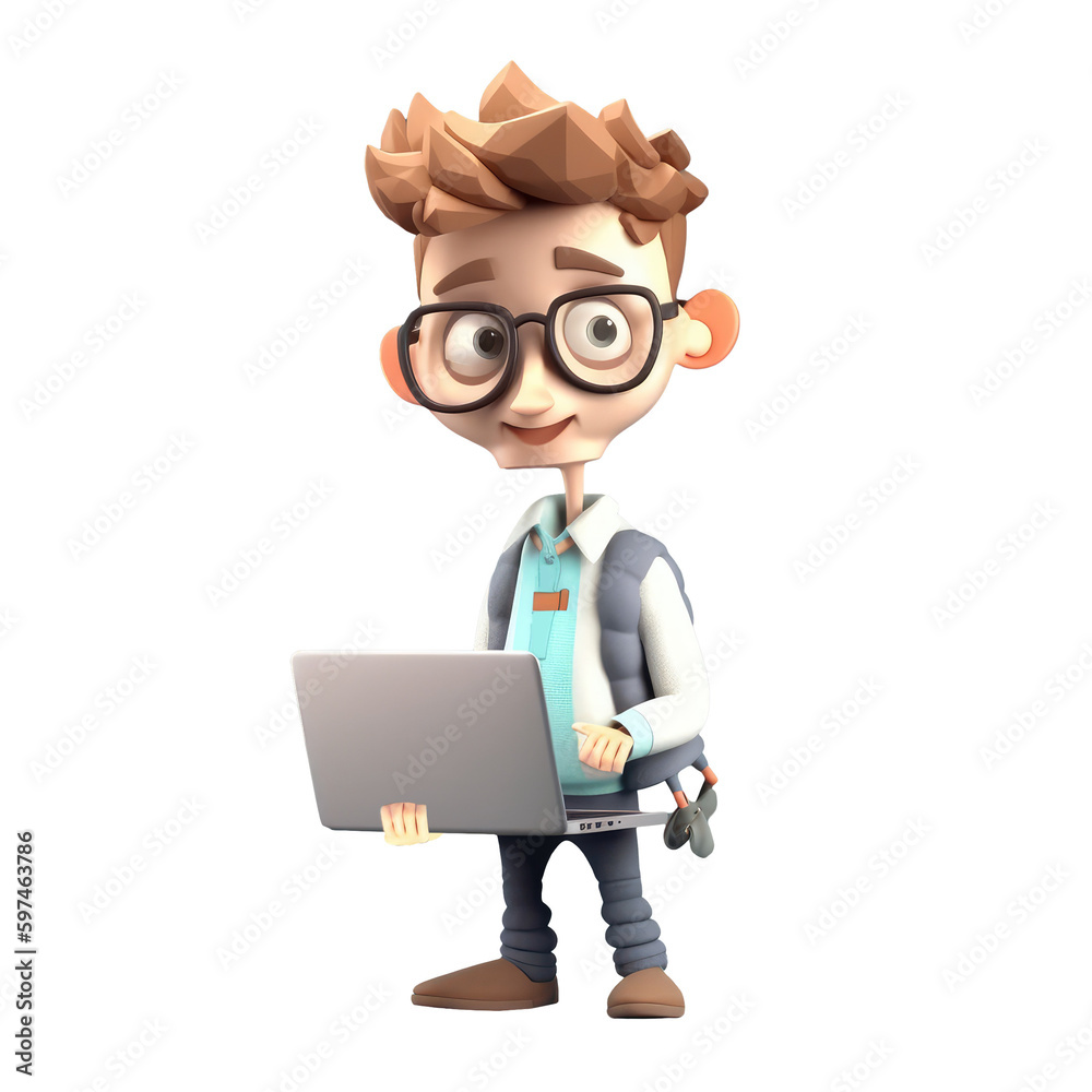 3D icon Young business man working with his laptop in the office or home, employee, freelancer programmer cartoon close up portrait on isolated on transparent png background. Generative ai 3D icon Young business man working with his laptop in the office or home, employee, freelancer programmer cartoon close up portrait on isolated on transparent png background. Generative ai