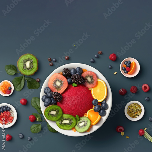 Colorful Fruit Bowl With Kiwi, Oranges, And Other Fruits On Blue Surface With Black Background - Perfect For Healthy Eating Stock Photos Keto Diet, Healthy Food, No Carbs Generative AI