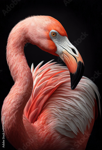 Pink flamingo, close up portrait on black background. AI generated