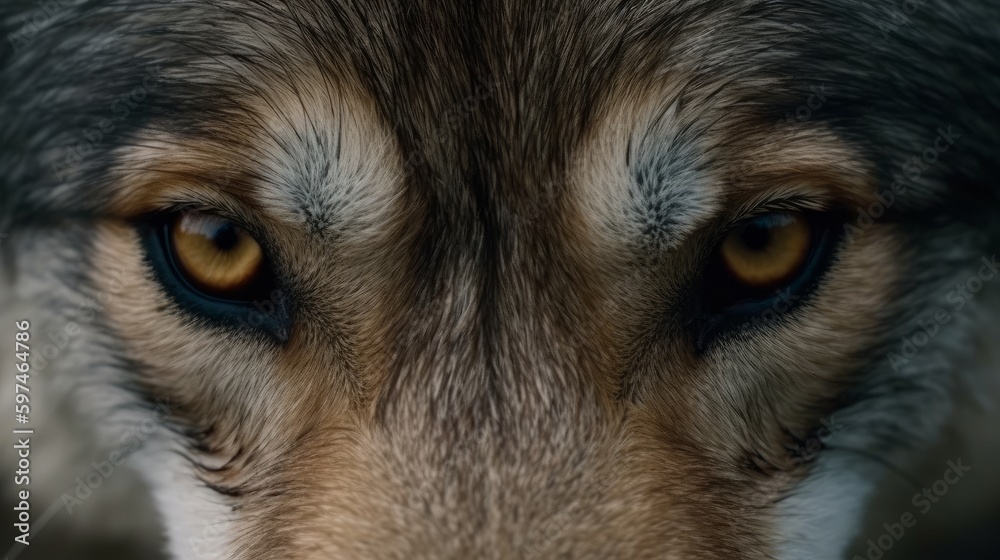 A high-resolution view of a wolfs piercing eyes. AI generated
