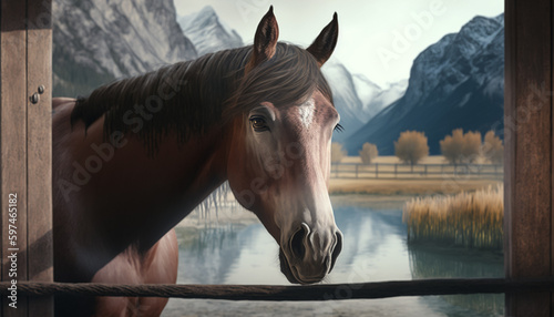 A horse in a field with mountains in the background. Generative Ai