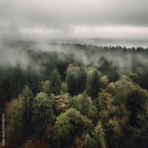 Morning fog in the forest aerial photography view.