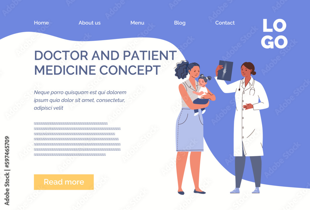 Doctor examines x-ray of bone of small patient during visit. Mother holds child in her arms at appointment to physician. Website, template, landing page. Vector characters flat cartoon illustration.
Doctor examines x-ray of bone of small patient during visit. Mother holds child in her arms at appointment to physician. Website, template, landing page. Vector characters flat cartoon illustration.
