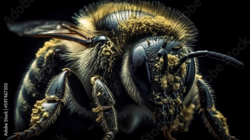 A magnified portrayal of a bumblebees fuzzy body. AI generated