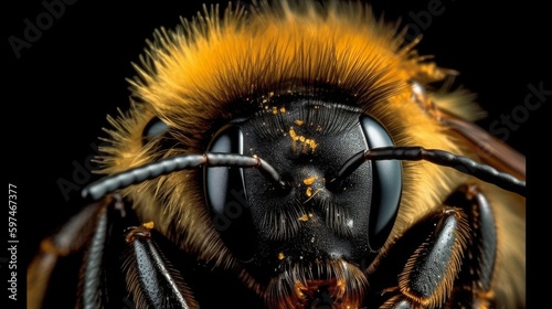 A magnified portrayal of a bumblebees fuzzy body. AI generated