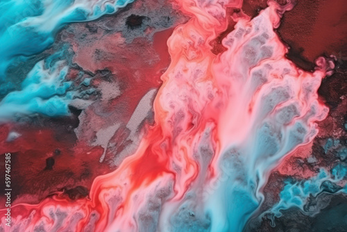 Aerial top view of incredible pink hot volcanic magma flowing on a cold blue glacier, created with Generative AI technology