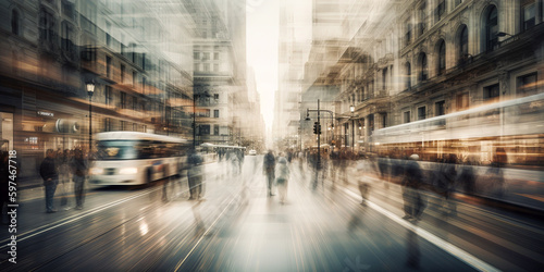 Bustling business environment with layers of movement and activity merging together in a striking way. Multiple exposures. Blurred busy street scene with crowds of people. Abstract business background