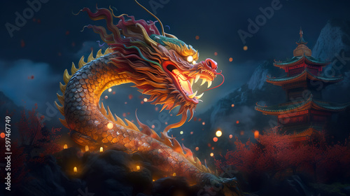 Traditional Chinese Dragon (fuzanlong) for the year of 2024 or year of the Wood Dragon postercard © candreea