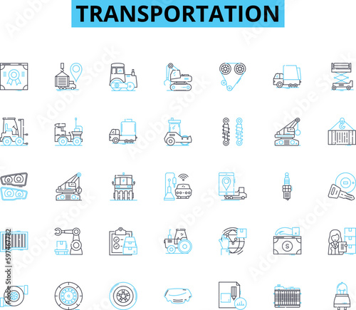Transportation linear icons set. Car, Bike, Train, Bus, Plane, Ferry, Helicopter line vector and concept signs. Boat,Taxi,Skateboard outline illustrations Generative AI