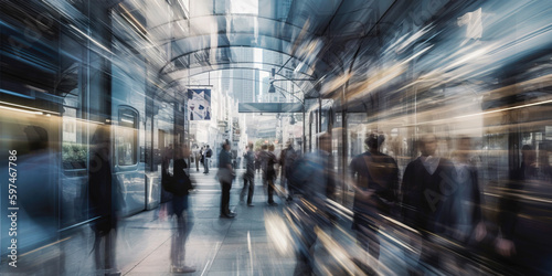 Bustling business environment with layers of movement and activity merging together in a striking way. Multiple exposures. Blurred busy street scene with crowds of people. Abstract business background