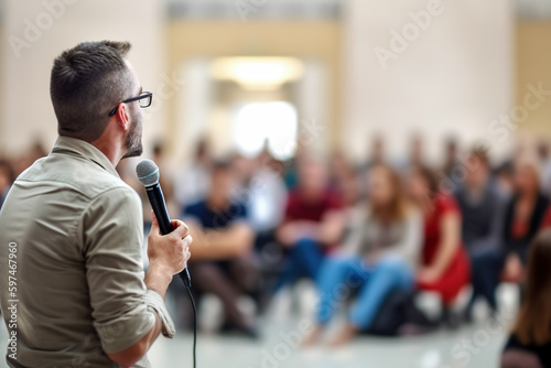 Motivational speaker with microphone performing on stage, in background people sitting in hal. Digital ai art