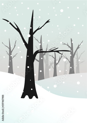 Vertical vector illustration. Winter forest without leaves. Snowfall and snowdrifts. Cloudy sky