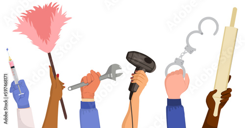 Male And Female Hands Holding Professional Working Tools Cartoon Illustration
