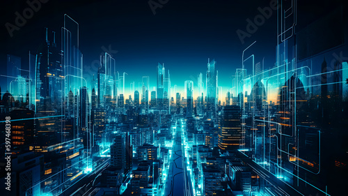 Futuristic city with Blue and orange neon light for background and banner, Generative AI