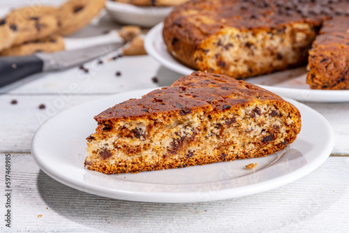 Skillet roasted chocolate chips cookie cake. Giant american cookie with chocolate chips baked on frying pan