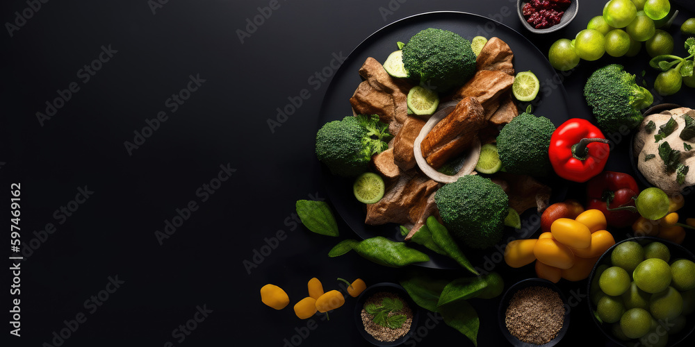 Fresh And Colorful Plate Of Vegetables And Fruits On A Stylish Black Surface With Tablecloth - Perfect For Healthy Eating And Food Blogs! High Protein Food, Healthy Food, Generative AI