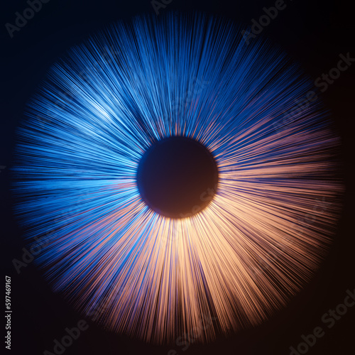 Abstract visualization of an eye with blue red retina and iris as conceptual background for science and research or futuristic wallpaper with copy space for text photo