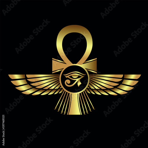 Pharaonic wings and the key to life and the Egyptian Eternal Sun icon logo - vector