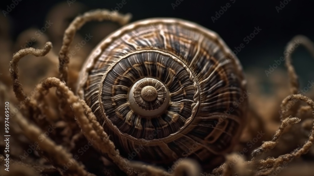 A zoomed in portrayal of a snails spiral shell. AI generated A zoomed in portrayal of a snails spiral shell. AI generated