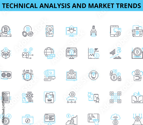 Technical analysis and market trends linear icons set. Resistance, Support, Momentum, Volume, Breakout, Trendline, Pattern line vector and concept signs. Indicator,Candlestick,Fibonacci outline
