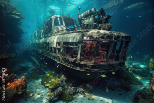 a vehicle wreck underwater, created with Generative AI technology
