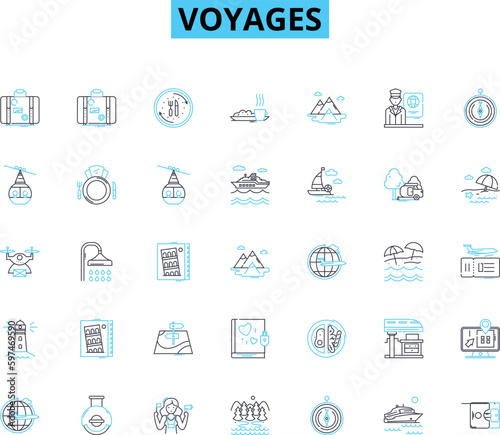 Voyages linear icons set. Adventure, Exploration, Discover, Escape, Journey, Odyssey, Expedition line vector and concept signs. Safari,Trek,Navigation outline illustrations