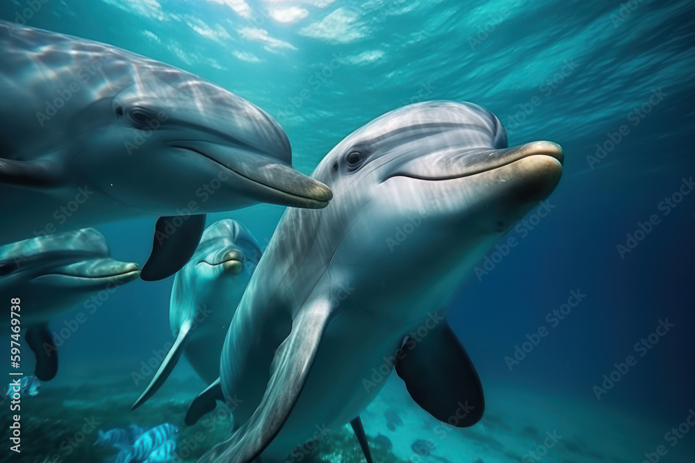Fototapeta premium dolphins in the sea, created with Generative AI technology