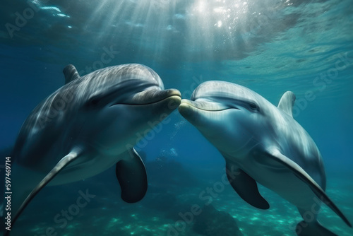 dolphins in the sea, created with Generative AI technology © Artem