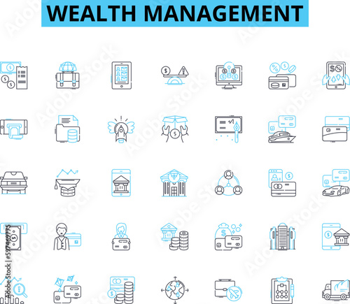 Wealth management linear icons set. Investments, Retirement, Portfolio, Succession, Estate, Trust, Diversification line vector and concept signs. Taxation,Growth,Risk outline illustrations