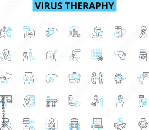 Virus theraphy linear icons set. Immunotherapy, Gene therapy, Antivirals, Vaccines, Antibodies, Retrovirus, Oncolytic line vector and concept signs. Genomics,Microbiology,Pathogenicity outline photo