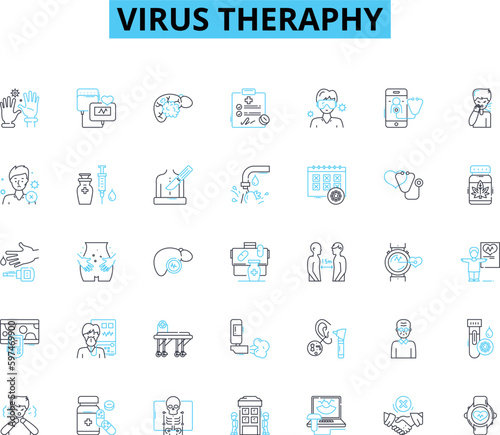 Virus theraphy linear icons set. Immunotherapy, Gene therapy, Antivirals, Vaccines, Antibodies, Retrovirus, Oncolytic line vector and concept signs. Genomics,Microbiology,Pathogenicity outline