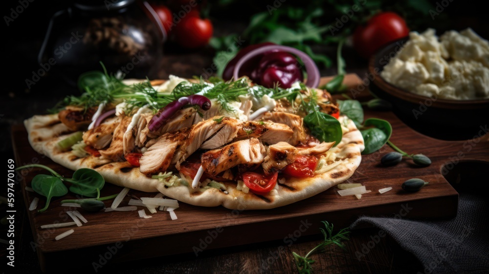 Greek chicken gyros, flatbread generative ai