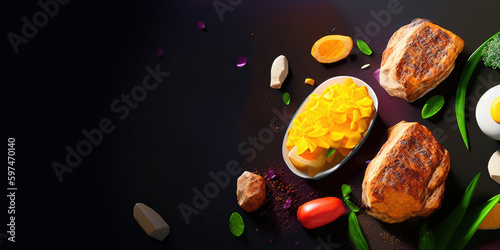 Delicious Breakfast Plate With Eggs, Tomatoes, And Meat On Black Background - Perfect For Food Blogs, Websites, And Print Materials High - Protein Diet, Healthy Food Generative AI