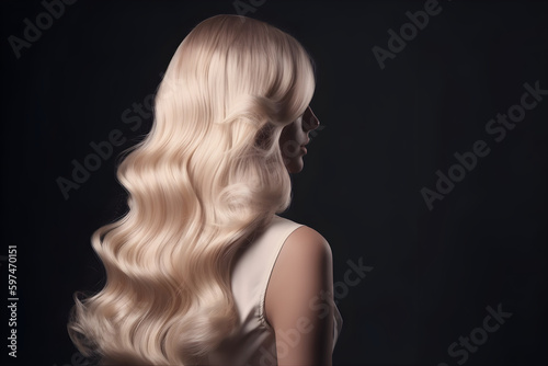Beauty fashion woman with blonde dyed hair, long waves, view from back. Hair salon, care and beauty hair products, trendy coloring