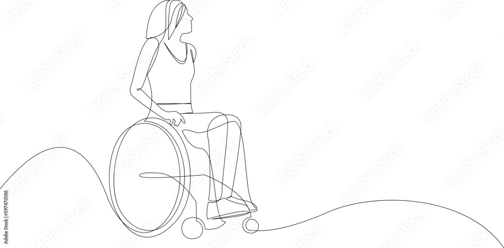 One line drawing of a disabled woman on a wheelchair. Continuous one line art. Hand drawn doodle. Vector illustration.