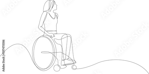 One line drawing of a disabled woman on a wheelchair. Continuous one line art. Hand drawn doodle. Vector illustration.
